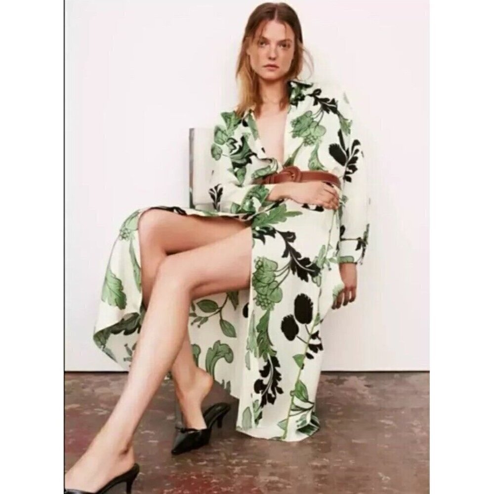Zara  Woman's Sz S Ecru Green Floral Print Midi Button Front Shirt Dress